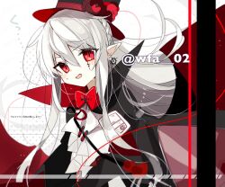Rule 34 | 1girl, arknights, artist name, blush, bow, bowtie, braid, fangs, french braid, grey hair, hair between eyes, hat, itsuki 02, long hair, looking at viewer, official alternate costume, open mouth, pointy ears, red bow, red bowtie, red eyes, request inset, slit pupils, solo, top hat, vampire, warfarin (arknights), warfarin (the feast) (arknights)