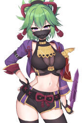 Rule 34 | 1girl, absurdres, black gloves, black shirt, black shorts, black thighhighs, breasts, commentary request, cowboy shot, crop top, dagger, fahufahu, fingerless gloves, genshin impact, gloves, green hair, hair between eyes, highres, holding, holding dagger, holding knife, holding weapon, jacket, knife, kuki shinobu, large breasts, long sleeves, looking at viewer, mask, midriff, mouth mask, navel, open clothes, open jacket, purple eyes, purple jacket, shirt, short hair, short shorts, shorts, simple background, solo, standing, stomach, thighhighs, thighs, weapon, white background
