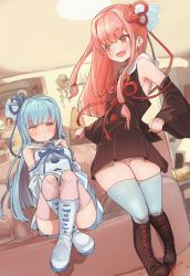 Rule 34 | 2girls, absurdres, blue hair, blue ribbon, blue thighhighs, blunt bangs, blush, boots, brown dress, brown eyes, brown footwear, brown legwear, closed mouth, commentary request, couch, crossed legs, detached sleeves, dress, dutch angle, fang, hair intakes, hair ribbon, highres, indoors, kotonoha akane, kotonoha aoi, long hair, long sleeves, multiple girls, open mouth, panties, pantyshot, red hair, red ribbon, ribbon, siblings, sidelocks, sisters, sitting, siwasunohige, standing, striped clothes, striped panties, sweat, thighhighs, underwear, voiceroid, white dress, wide sleeves