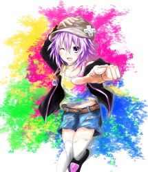 Rule 34 | 10s, 1girl, ;d, alternate costume, bare shoulders, blush, colorful, d-pad, foreshortening, gradient background, hair ornament, hand on headwear, highres, jacket, looking at viewer, neptune (neptunia), neptune (series), niche-tan, one eye closed, open mouth, pink hair, purple eyes, purple hair, shirt, shoes, short hair, sketch, skirt, smile, solo, t-shirt, thighs