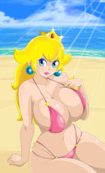 Rule 34 | 1girl, arm support, beach, bikini, blue eyes, breasts, cleavage, highres, large breasts, legs, long hair, looking at viewer, mario (series), navel, nintendo, ocean, pink lips, princess, princess peach, ranxxxu, sitting, smile, solo, super mario bros. 1, swimsuit, thick thighs, thighs, water