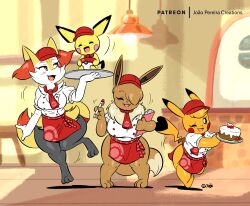 Rule 34 | 1other, 3girls, blonde hair, braixen, brown hair, cake, clipboard, closed eyes, creatures (company), cup, eevee, food, furry, furry female, game freak, gen 1 pokemon, gen 2 pokemon, gen 6 pokemon, hat, joao pereira, legs, multiple girls, nintendo, open mouth, orange eyes, pen, pichu, pikachu, plate, pokemon, pokemon (creature), pokemon cafe remix, smile, standing, thick thighs, thighs, wide hips