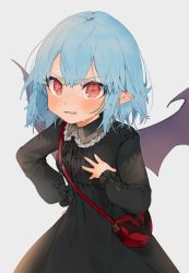 Rule 34 | 1girl, alternate costume, artist name, bag, bat wings, black bow, black ribbon, blue hair, blush, bow, collared dress, commentary request, dress, fang, frilled shirt collar, frilled sleeves, frills, gotou (nekocat), hand on own hip, hand on own chest, hand up, handbag, highres, long sleeves, looking at viewer, nail polish, no headwear, pointy ears, red eyes, red nails, remilia scarlet, ribbon, short hair, signature, simple background, solo, touhou, white background, wings