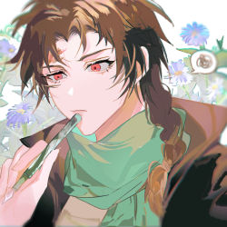 Rule 34 | 1boy, black jacket, blurry, brown hair, chinese commentary, closed mouth, commentary request, daisy, flower, green scarf, harada minoru, holding, holding pen, huolou, huoloulou, jacket, male focus, open clothes, open jacket, pen, red eyes, saibou shinkyoku, scarf, shirt, solo, speech bubble, yellow shirt