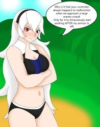 Rule 34 | 1girl, armor, armpits, artist request, bare shoulders, barefoot, black bra, black hairband, black panties, blush, bra, breasts, broken armor, cleavage, collarbone, corrin (female) (fire emblem), corrin (fire emblem), crossed arms, day, embarrassed, english text, eyelashes, female focus, fire emblem, fire emblem fates, fire emblem warriors, gameplay mechanics, hair between eyes, hair ornament, hairband, highres, intelligent systems, legs, legs together, long hair, looking at viewer, medium breasts, midriff, multicolored bra, multicolored clothes, multicolored panties, multicolored underwear, nature, navel, neck, nintendo, official alternate costume, official underwear, outdoors, panties, pointy ears, red eyes, silver hair, sky, speech bubble, standing, thighs, thighs together, underwear, underwear only