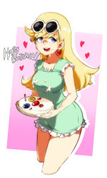 Rule 34 | 1girl, absurdres, blonde hair, blue eyes, breasts, cake, candle, dress, earrings, eyewear on head, food, food on clothes, food on face, green dress, happy birthday, heart, highres, jcm2, jewelry, leni loud, long hair, medium breasts, open mouth, pink background, round teeth, smile, solo, sunglasses, teeth, the loud house, white background