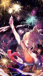 Rule 34 | 1girl, absurdres, arm up, bandages, bead bracelet, beads, blonde hair, bracelet, breasts, butterfly choker, chest sarashi, chest tattoo, choker, cleavage, closed eyes, cocoballking, collarbone, dark background, fireworks, flower tattoo, genshin impact, hadanugi dousa, happy, highres, holding, holding fireworks, japanese clothes, jewelry, kimono, medium breasts, obi, obiage, obijime, open clothes, open kimono, open mouth, orange kimono, outstretched arm, red choker, red nails, rope, sarashi, sash, shimenawa, sidelocks, solo, sparkler, tattoo, topknot, upper body, vision (genshin impact), yoimiya (genshin impact)