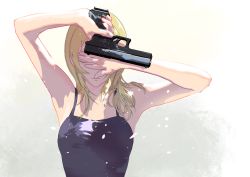 Rule 34 | 1girl, aya brea, bare arms, blonde hair, cofffee, closed eyes, gun, holding, holding gun, holding weapon, medium hair, parasite eve, simple background, solo, spaghetti strap, square enix, weapon
