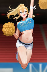 Rule 34 | 1girl, arm strap, arm up, armpits, bare arms, bare shoulders, belt, black belt, blonde hair, blue eyes, blue shirt, blurry, blurry background, blush, breasts, buckle, cheerleader, claire lamund (nhaliz), crop top, floating hair, full body, hand up, highres, holding, holding pom poms, jumping, large breasts, long hair, looking at viewer, navel, nhaliz, open mouth, original, pom pom (cheerleading), pom poms, ponytail, shirt, shoes, short shorts, shorts, sidelocks, sleeveless, sleeveless shirt, stomach, text print, thighs, white footwear, white shorts