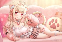 Rule 34 | 1girl, :3, ahoge, animal ear fluff, animal ears, bell, belt, black ribbon, blonde hair, blunt bangs, blush, bow, breasts, cat ears, cat girl, cat tail, choker, cleavage, cleavage cutout, closed mouth, clothing cutout, couch, curly hair, eyelashes, fishnet socks, fishnets, foot out of frame, frilled shirt, frills, hair intakes, hair ribbon, hand up, head tilt, heart, heart ahoge, heart choker, heart cutout, jacket, jingle bell, kemomimi refle!, kirifrog, large breasts, legs together, long hair, long sleeves, looking at viewer, lying, neck bell, nekoma karin, off-shoulder shirt, off shoulder, on back, on couch, on side, open clothes, open jacket, paw print, pillow, pink bow, pink jacket, pink ribbon, pink skirt, plaid, plaid skirt, red eyes, red ribbon, ribbon, shirt, sidelocks, skirt, sleeves past wrists, smile, socks, solo, tail, tail bow, tail ornament, tail raised, tail ribbon, thigh strap, virtual youtuber, wavy hair, white belt, white choker, white shirt, white socks