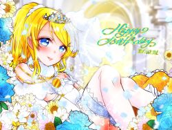 Rule 34 | 1girl, aqua flower, artist name, artist request, ayase eli, bare legs, bare shoulders, blonde hair, blue eyes, blue flower, blush, bow, breasts, bridal garter, bridal veil, bride, buttons, cleavage, collarbone, dress, dress bow, earrings, elbow gloves, female focus, flower, frills, fur collar, fur trim, garter straps, gloves, hair between eyes, hair bobbles, hair flower, hair ornament, hair scrunchie, hairclip, hand on own leg, high ponytail, highres, holding, holding letter, indoors, jewelry, knees up, letter, long hair, looking at viewer, love live!, love live! school idol festival, love live! school idol project, miniskirt, parted lips, pillow, plaid, plaid dress, plaid skirt, pleated, pleated dress, pleated skirt, ponytail, scrunchie, short hair, sitting, skirt, smile, solo, strapless, strapless dress, tiara, veil, wedding, wedding dress, white dress, white flower, white gloves, white legwear, white scrunchie, white skirt