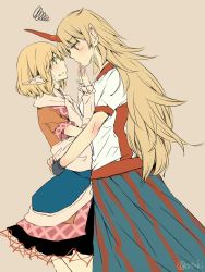 Rule 34 | 2girls, atoki, blush, brown shirt, commentary request, covering another&#039;s mouth, face-to-face, finger to another&#039;s mouth, from side, green eyes, hand over another&#039;s mouth, highres, horns, hoshiguma yuugi, hug, long hair, long skirt, looking at another, mizuhashi parsee, multiple girls, pointy ears, red eyes, shirt, short hair, short sleeves, single horn, skirt, squiggle, tan background, touhou, twitter username, white shirt, yuri
