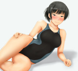 Rule 34 | 1girl, amagami, black eyes, black hair, black one-piece swimsuit, blush, breasts, competition swimsuit, cowboy shot, grey one-piece swimsuit, large breasts, looking at viewer, lying, makuwa (user dvft3725), nose blush, on side, one-piece swimsuit, ponytail, shadow, short hair, simple background, solo, swimsuit, tsukahara hibiki