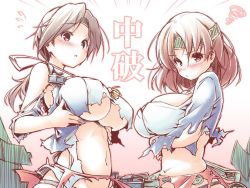 Rule 34 | 10s, 2girls, blush, breast lift, breasts, brown eyes, brown hair, chitose (kancolle), chiyoda (kancolle), headband, japanese clothes, kantai collection, kibushi, large breasts, long hair, looking at viewer, md5 mismatch, multiple girls, navel, panties, personification, ponytail, resized, resolution mismatch, short hair, skirt, source larger, torn clothes, translated, underwear