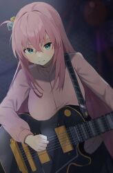 Rule 34 | 1girl, absurdres, black skirt, blue eyes, blurry, bocchi the rock!, breasts, closed mouth, commentary, cowboy shot, crossed bangs, cube hair ornament, depth of field, electric guitar, facing viewer, gibson les paul, gotoh hitori, guitar, hair between eyes, hair ornament, highres, instrument, jacket, large breasts, lens flare, long bangs, long hair, long sleeves, looking at object, looking down, music, one side up, pink hair, pink jacket, playing instrument, pleated skirt, seya 0517, skirt, solo, standing, sweat, track jacket