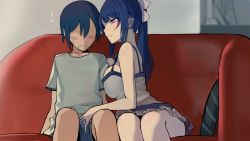 Rule 34 | 1boy, 1girl, bare shoulders, blue hair, blurry, breast press, breasts, camisole, closed mouth, couch, depth of field, faceless, faceless male, flying sweatdrops, from side, game cg, hand on another&#039;s crotch, hetero, indoors, large breasts, legs together, long hair, naughty face, non-web source, original, pink eyes, ponytail, sidelocks, sitting, skirt, smile, unaligned breasts, walzrj