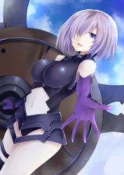 Rule 34 | 1girl, bare shoulders, blue eyes, breasts, elbow gloves, fate/grand order, fate (series), gloves, hair over one eye, hiba (p-p-purin), highres, mash kyrielight, open mouth, purple hair, short hair, single thighhigh, solo, standing, thighhighs