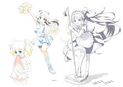 Rule 34 | 3girls, alice cartelet, apron, aris (blue archive), aris (maid) (blue archive), arm up, bike shorts, black hair, blonde hair, blue archive, blue eyes, brown eyes, charm (object), cheerleader, crop top, dress, full body, highres, holding, holding mop, holding pom poms, idolmaster, idolmaster cinderella girls, kin-iro mosaic, long hair, maid, maid apron, mary janes, mop, multiple girls, name connection, navel, open mouth, pantyhose, papiyon1297, pom pom (cheerleading), pom poms, ponytail, shoes, shorts, skirt, smile, sneakers, tachibana arisu, twintails, very long hair, white pantyhose