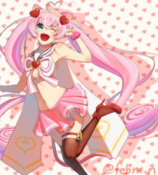 Rule 34 | 10s, 1girl, ;d, ahoge, animal ears, aqua eyes, breasts, cat ears, cat tail, cleavage cutout, clothing cutout, hairband, heart, heart background, kisaragi n, long hair, midriff, navel, one eye closed, open mouth, pink hair, pink skirt, red thighhighs, rosia (show by rock!!), show by rock!!, skirt, small breasts, smile, solo, tail, thighhighs, twintails, twitter username, very long hair