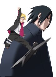 Rule 34 | 2boys, ahoge, black hair, blonde hair, boruto: the movie, cleaned, cloak, forehead protector, highres, jacket, jewelry, motion blur, multiple boys, naruto, naruto (series), necklace, official art, open clothes, open jacket, shuriken, simple background, spiked hair, uchiha sasuke, uzumaki boruto, weapon, whiskers