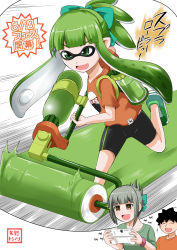 Rule 34 | +++, 10s, 1boy, 1girl, :d, alternate costume, bike shorts, bow, brown hair, closed eyes, controller, game console, game controller, green eyes, green hair, grey hair, hair bow, highres, ink tank (splatoon), inkling, inkling player character, jewelry, kantai collection, monster girl, nintendo, open mouth, paint roller, playing games, ponytail, ring, short hair, short sleeves, simple background, smile, sparkling eyes, splat roller (splatoon), splatoon (series), splatoon 1, tentacle hair, translation request, wedding band, wii u, wristband, yano toshinori, yuubari (kancolle)
