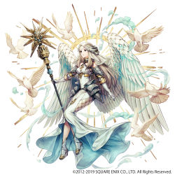 Rule 34 | 1girl, 2012, 2019, armor, bird, blonde hair, blue eyes, bravely default: praying brage, bravely default (series), breasts, character request, closed mouth, company name, copyright notice, dress, elbow gloves, faulds, feathered wings, fishnets, gloves, highres, holding, holding staff, long dress, long hair, official art, pigeon, satou kivi, shoes, small breasts, solo, staff, veil, white dress, white footwear, white gloves, white wings, wings