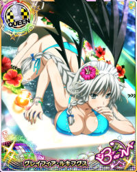 Rule 34 | 1girl, bikini, bracelet, braid, breasts, card (medium), character name, chess piece, demon wings, covered erect nipples, flower, grayfia lucifuge, grey eyes, grey hair, hair flower, hair ornament, high school dxd, high school dxd born, jewelry, large breasts, lipstick, long hair, maid headdress, makeup, official art, queen (chess), red lips, solo, swimsuit, trading card, twin braids, wings