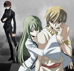 Rule 34 | 3boys, androgynous, armlet, blonde hair, bracelet, brown hair, clamp (style), code geass, cross, cross necklace, earrings, enkidu (fate), fate/strange fake, fate/zero, fate (series), gilgamesh (fate), green eyes, green hair, hand on own face, jewelry, kotomine kirei, long hair, male focus, multiple boys, necklace, parody, red eyes, ruchi, style parody, toga