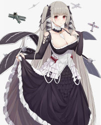 Rule 34 | 1girl, absurdres, aircraft, airplane, azur lane, bare shoulders, between breasts, biplane, black dress, black nails, breasts, cleavage, clothes lift, clothing cutout, dress, dress lift, fairey swordfish, flight deck, formidable (azur lane), frilled dress, frills, gothic lolita, grey hair, highres, kuyoumi, large breasts, lolita fashion, long hair, looking at viewer, nail polish, red eyes, ribbon, shoulder cutout, simple background, skirt hold, solo, twintails, two-tone dress, two-tone ribbon, very long hair, white background, white dress