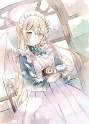 Rule 34 | 1girl, alternate costume, angel wings, apron, blue archive, blue dress, blush, brown eyes, cake, closed mouth, dress, dutch angle, enmaided, feathered wings, food, head tilt, hifumi (blue archive), highres, holding, holding plate, light brown hair, long hair, looking at viewer, maid, mizuki toko, nagisa (blue archive), plate, smile, solo, swiss roll, turtleneck, turtleneck dress, white apron, white wings, wings