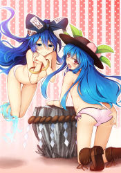 Rule 34 | 2girls, ass, aura, bad anatomy, bangle, bare legs, black hat, blue bow, blue eyes, blue hair, blush, boots, bow, bracelet, brown footwear, chima q, commentary request, convenient arm, debt, feet out of frame, floating, floating hair, food, from behind, fruit, hair between eyes, hair bow, hands up, hat, head tilt, highres, hinanawi tenshi, jewelry, keystone, kneeling, leaf, long hair, looking at viewer, looking back, multiple girls, nose blush, open mouth, outline, own hands together, panties, peach, pink background, pink bow, pink panties, polka dot, polka dot background, red eyes, rock, rope, shadow, shide, striped, striped background, thighs, topless, touhou, underwear, vertical stripes, very long hair, white outline, white panties, yorigami shion