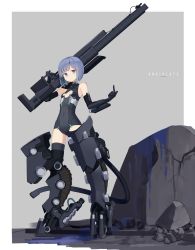 Rule 34 | 1girl, bare shoulders, blue eyes, blue hair, border, breasts, cleavage cutout, clothing cutout, commentary request, covered navel, english text, expressionless, full body, grey background, gun, highres, index finger raised, joints, looking at viewer, makadamixa, mecha musume, mechanical tail, original, over shoulder, prosthesis, prosthetic arm, prosthetic leg, rifle, robot joints, rubble, small breasts, solo, standing, tail, weapon, weapon over shoulder, white border, wrist computer