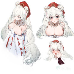 Rule 34 | 1girl, absurdres, animal ears, areola slip, arknights, bear ears, blue eyes, blue hair, blush, breast hold, breasts, cleavage, detached collar, dress, ear ornament, heterochromia, highres, large breasts, long hair, multicolored hair, multiple views, official alternate costume, open mouth, pink hair, red eyes, red headwear, rosa (arknights), rosa (masterpiece) (arknights), sawaki ken, simple background, streaked hair, tongue, tongue out, undersized clothes, very long hair, white background, white dress, white hair
