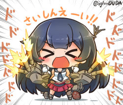 Rule 34 | &gt;o&lt;, 1girl, agano (kancolle), asimo953, asymmetrical legwear, belt, black hair, blush, breasts, cannon, chibi, commentary request, firing, flight deck, garter straps, gloves, hair between eyes, holding, kantai collection, long hair, machinery, miniskirt, necktie, open mouth, pleated skirt, red skirt, rigging, sailor collar, school uniform, serafuku, simple background, single thighhigh, skirt, sleeveless, smile, solo, standing, thighhighs, turret, uneven legwear, very long hair, white background, white gloves