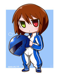 Rule 34 | 1girl, alternate costume, blue background, blue bodysuit, blush, bodysuit, brown hair, chibi, closed mouth, commentary request, dated, expressionless, full body, green eyes, hair between eyes, helmet, heterochromia, highres, holding, holding helmet, itini-sanshi, looking at viewer, medium bangs, motorcycle helmet, racing suit, red eyes, rozen maiden, short hair, simple background, solo, souseiseki, standing, two-tone background, two-tone bodysuit, white background, white bodysuit