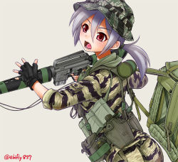 Rule 34 | 1girl, ar-15, backpack, bag, black gloves, camouflage, camouflage headwear, camouflage jacket, camouflage pants, canteen, cowboy shot, ebifly, fingerless gloves, fingernails, from side, gloves, grey background, gun, hat, holding, holding gun, holding weapon, jacket, m16, m16a1, military, military uniform, open mouth, original, pants, ponytail, pouch, purple hair, red eyes, rifle, simple background, soldier, solo, twitter username, uniform, weapon