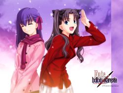 Rule 34 | bad tag, 00s, 2girls, :d, arm behind back, black hair, black ribbon, blue eyes, blue hair, blush, bow, cloud, coat, copyright name, closed eyes, fate/hollow ataraxia, fate/stay night, fate (series), female focus, hair bow, hair ribbon, long hair, long sleeves, looking at viewer, matou sakura, multiple girls, open mouth, pink coat, pleated skirt, purple bow, purple hair, purple ribbon, purple scarf, red coat, ribbon, salute, scarf, siblings, sisters, skirt, sky, smile, snowing, takeuchi takashi, tohsaka rin, two side up, type-moon, v arms, wallpaper, white skirt, winter clothes