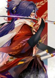 Rule 34 | 1boy, alternate hair color, blue hair, commentary request, covered mouth, expressionless, eyeshadow, fate/grand order, fate/type redline, fate (series), gold trim, hadanugi dousa, hair over one eye, headband, highres, holding, holding sword, holding weapon, igote, japanese clothes, kaname ryou, katana, kimono, koha-ace, long hair, long sleeves, looking at viewer, makeup, male focus, midriff sarashi, multiple swords, nagatekkou, official alternate costume, okada izou (fate), okada izou (third ascension) (fate), open clothes, open kimono, ponytail, print kimono, purple hair, red eyeshadow, sarashi, scarf, shrug (clothing), solo, sword, upper body, weapon, yellow eyes