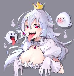 Rule 34 | 1girl, blush, boo (mario), breasts, cleavage, covering face, crown, dress, earrings, flying, frilled gloves, frills, ghost, ghost pose, gloves, gradient background, hair between eyes, jewelry, large breasts, long hair, long tongue, luigi&#039;s mansion, mario (series), mini crown, nerokuro, new super mario bros. u deluxe, nintendo, open mouth, princess king boo, puffy short sleeves, puffy sleeves, red eyes, sharp teeth, short sleeves, simple background, solo focus, super crown, teeth, tilted headwear, tongue, tongue out, upper body, white dress, white gloves, white hair