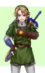 Rule 34 | 1boy, blonde hair, blue eyes, hand on own chest, hat, link, looking at viewer, male focus, master sword, nintendo, pointy ears, shield, shield on back, short hair, smile, solo, sword, the legend of zelda, the legend of zelda: twilight princess, triforce, wasabi (legemd), weapon