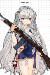 Rule 34 | 1girl, assault rifle, automatic rifle, bandaged leg, bandages, bare shoulders, blue dress, blue eyes, character name, closed mouth, commentary request, dress, fingernails, girls&#039; frontline, gun, hair between eyes, highres, holding, holding gun, holding weapon, intravenous drip, long hair, looking at viewer, luicent, name connection, object namesake, ribeyrolles (girls&#039; frontline), ribeyrolles 1918, rifle, short sleeves, silver hair, solo, standing, very long hair, weapon, weapon request, white background, wrist cuffs