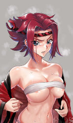 Rule 34 | 1girl, areola slip, bare shoulders, blue eyes, blush, breasts, chest sarashi, clenched teeth, code geass, commentary request, grey background, hachimaki, happi, headband, highres, japanese clothes, kilesha, kouzuki kallen, large breasts, long sleeves, looking at viewer, navel, nejiri hachimaki, off shoulder, red hair, sarashi, short hair, sidelocks, simple background, solo, steaming body, stomach, sweat, teeth, upper body, v-shaped eyebrows, wide sleeves
