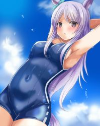 Rule 34 | 1girl, animal ears, armpits, arms behind head, arms up, bare arms, bare shoulders, blue one-piece swimsuit, blue sky, blush, breasts, cloud, collarbone, commentary request, covered navel, cowboy shot, day, dutch angle, highres, horse ears, horse girl, horse tail, looking at viewer, medium breasts, mejiro mcqueen (umamusume), one-piece swimsuit, oshiruko (uminekotei), outdoors, parted bangs, parted lips, purple eyes, purple hair, school swimsuit, sky, solo, swimsuit, tail, umamusume