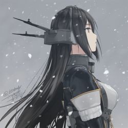 Rule 34 | 1girl, :o, black hair, breasts, brown eyes, commentary request, dated, elbow gloves, from side, gloves, grey background, headgear, kantai collection, large breasts, long hair, looking up, nagato (kancolle), nagato kai ni (kancolle), parted lips, rokuwata tomoe, signature, snowing, solo, twitter username, upper body