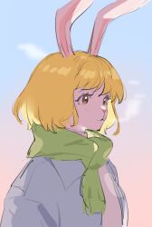 Rule 34 | 1girl, animal ears, blonde hair, carrot (one piece), gradient background, green scarf, looking ahead, one piece, rabbit ears, rabbit girl, raine (acke2445), scarf, short hair, smoke, solo