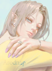Rule 34 | 1girl, aqua background, blonde hair, blue eyes, bracelet, closed mouth, earrings, eyelashes, fingernails, hand on own shoulder, highres, jewelry, jidaart, lips, long hair, looking at viewer, nail polish, original, pointy ears, purple nails, ring, shirt, solo, upper body, yellow shirt