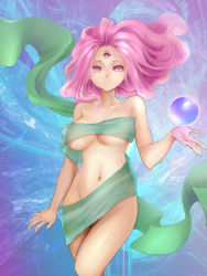 Rule 34 | 1girl, breasts, closed mouth, collarbone, covering privates, extra eyes, eyelashes, feet out of frame, floating, floating hair, hair slicked back, highres, large breasts, levitation, long hair, looking at viewer, magical drop, medium breasts, naked ribbon, navel, nude cover, open hand, orb, palms, pink eyes, pink hair, ribbon, see-through silhouette, shiro hougyoku, smile, solo, stomach, third eye, world (magical drop)