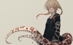 Rule 34 | 1girl, black dress, blonde hair, blood, blood in hair, breasts, commentary request, cowboy shot, dress, facial mark, highres, looking at viewer, monster girl, original, red hair, short hair with long locks, simple background, small breasts, solo, tentacles, vocaloid, watae suien, yukima (yushika)
