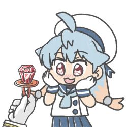 Rule 34 | 1girl, 1other, :3, ahoge, blue hair, blue neckerchief, blue sailor collar, blue skirt, candy, diamond ring, ferret-san, food, gloves, gradient hair, hands on own face, hat, kantai collection, long hair, low twintails, multicolored hair, neckerchief, pleated skirt, red eyes, sado (kancolle), sailor collar, sailor hat, school uniform, serafuku, shirt, simple background, skirt, sleeveless, sleeveless shirt, smile, twintails, white background, white gloves, white headwear