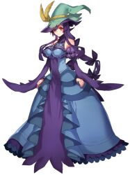 Rule 34 | 1girl, alternate color, bare shoulders, blue dress, blue hair, breasts, closed mouth, creatures (company), dragalge, dress, fingernails, full body, game freak, gen 6 pokemon, hat, katagiri hachigou, long hair, medium breasts, multicolored hair, nail polish, nintendo, pokemon, purple dress, purple hair, purple nails, red eyes, shiny pokemon, simple background, solo, turtleneck, two-tone dress, two-tone hair, very long hair, white background, witch hat